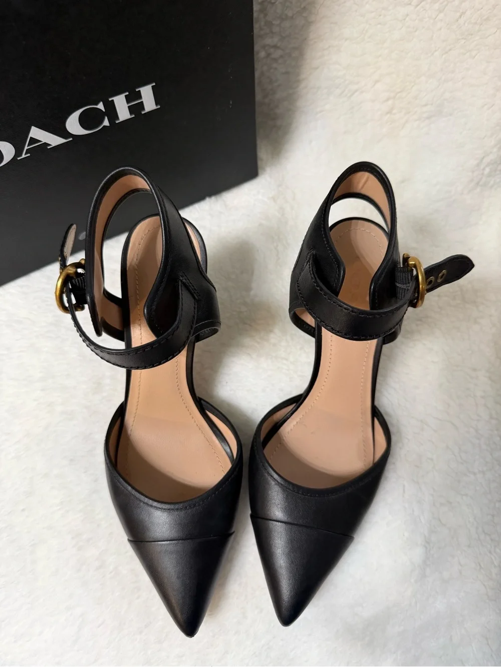 Coach Black Leather Pointed-Toe Ankle-Strap Heels with Gold Buckle